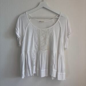 Free People white beaded tribal boho short sleeve babydoll oversized blouse S